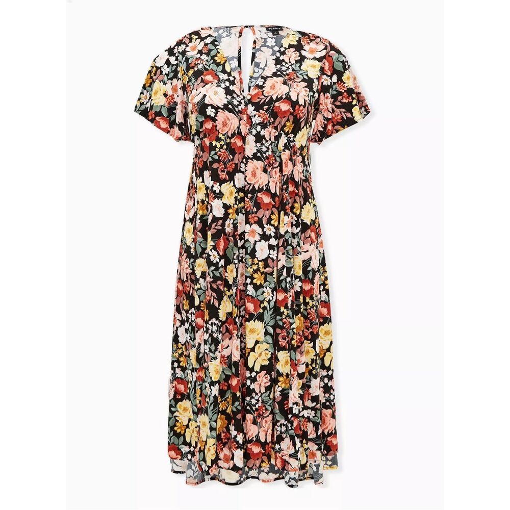 torrid Black Floral Midi Dress with Red, Pink, Yellow & Green Flowers